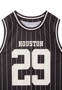canotta da basket nera con strisce bianche, con la scritta "HOUSTON" e il numero "29" stampati in bianco in grassetto, con scollo tondo e design senza maniche.
