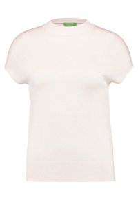 Krátký rukáv, vysoký pletený top v světle krémové barvě; hladká textura s žebrovaným lemem a manžetami. Štítek viditelný na výstřihu.