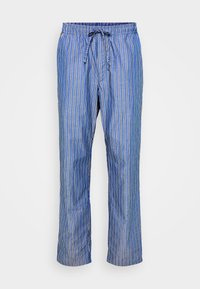 Blauwe gestreepte broek van lichtgewicht stof, met een elastische tailleband met een trekkoord en rechte pasvorm. Verticale witte strepen.