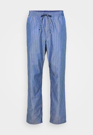 Pantalons rayés bleus en tissu léger, avec une taille élastique munie d'un cordon de serrage et une coupe droite. Rayures blanches verticales.