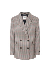 Blazer doppiopetto a fantasia check in rosso, blu e beige. Caratterizzato da grandi bottoni e due tasche frontali.
