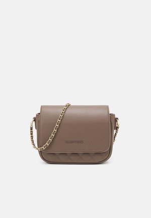 Taupe Valentino crossbody bag with quilted bottom, flap closure, and gold chain strap on a white background.