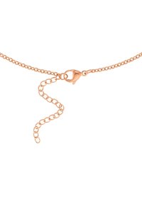 Collana in oro rosa con maglie intrecciate, un piccolo gancio a moschettone e una lunghezza regolabile con un segmento aggiuntivo di catena.