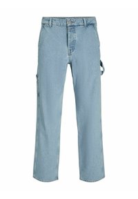 Ljusblå denim cargo byxor med rak benvidd, med sidofickor, bälteshällor och en texturerad yta.