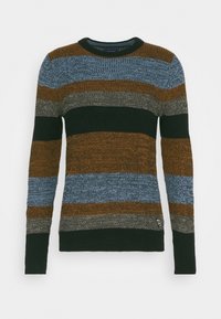 Pull en tricot à manches longues, avec des rayures horizontales en bleu, marron, gris et noir. Texture côtelée et col rond.