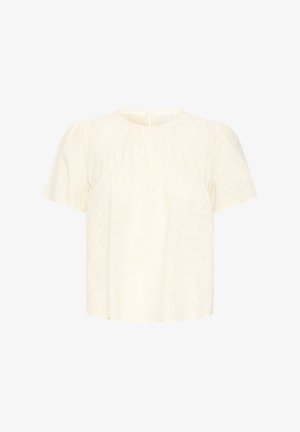 Kreemikas lühikeste varrukatega pluus peente vertikaalsete silmkoemustritega, ümmarguse kaelusega ja tagumise kinnitusega nupuga.