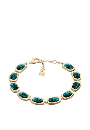 Goldenes Kettenarmband mit neun unregelmäßig geformten blau-grünen facettierten Steinen und einem kleinen runden Anhänger nahe dem Verschluss mit eingraviertem Markennamen Skagen.
