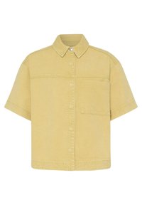 Chemise beige à manches courtes avec boutons, col et une poche poitrine unique, fabriquée en tissu robuste.