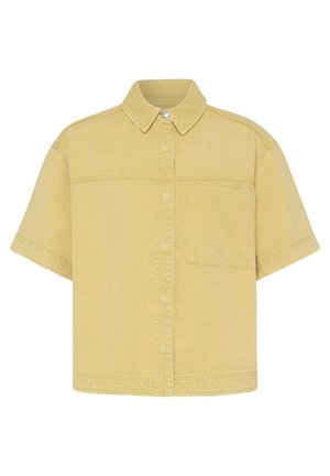Rövid ujjú, bézs színű gombolós ing gallérral és egyetlen mellzsebbel, masszív anyagból készült.