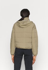 Giubbotto imbottito marrone chiaro con cappuccio. Presenta un design trapuntato, polsini elasticizzati e un orlo corto. Indossato sopra pantaloni scuri.