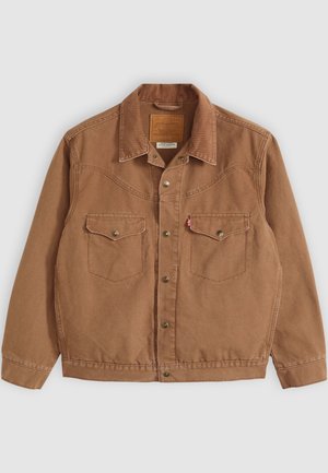 Brown corduroy jacket with a collar, two chest pockets, and brass buttons. Features stitching detail along the shoulders and hem.