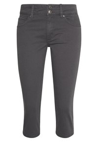 Tmavě šedé zkrácené kalhoty z denimu s přiléhavým střihem, dvěma předními kapsami a dvojitým knoflíkovým zapínáním na pase.