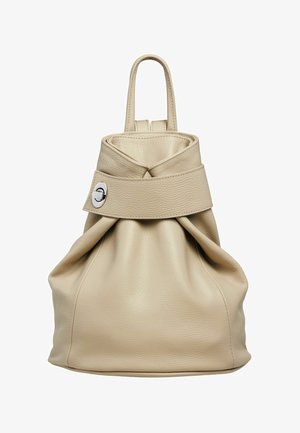 Beige leather backpack with a folded top, two short handles, and a silver clasp. The texture is soft and slightly crinkled.
