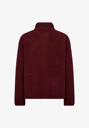 Dark red fleece jacket with long sleeves and a stand-up collar shown from the back against a white background.