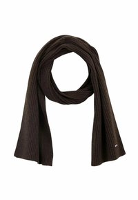 Écharpe en tricot côtelé marron foncé repliée en boucle, avec les deux extrémités suspendues, montrant un petit logo rectangulaire à une extrémité.