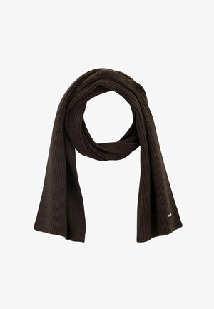 Écharpe en tricot côtelé marron foncé repliée en boucle, avec les deux extrémités suspendues, montrant un petit logo rectangulaire à une extrémité.