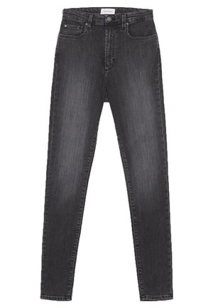 Donkergrijze skinny jeans met hoge taille, voorste knoop- en ritssluiting, en vijfzakkenontwerp.