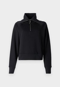 Black sweatshirt with a high collar and half-zip closure. Fabric appears soft, with ribbed cuffs and a cropped design. No visible patterns.