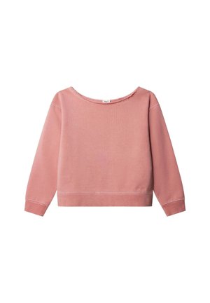Maglione rosa di cotone con scollo ampio, maniche lunghe e polsini e orlo a costine. Presenta dettagli di cucitura delicati.