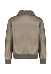 Khakifarbene Lederjacke mit einem Kunstfellkragen, geripptem Saum und Bündchen. Glatte Textur mit einem subtilen Glanz, die ein einfaches, minimalistisches Design zeigt.