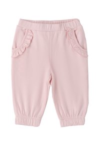 Pantaloni rosa chiaro realizzati in un tessuto morbido, con tasche laterali a balze, vita elasticizzata e polsini arricciati alla caviglia.