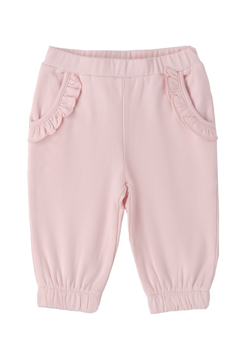 Pantaloni rosa chiaro realizzati in un tessuto morbido, con tasche laterali a balze, vita elasticizzata e polsini arricciati alla caviglia.