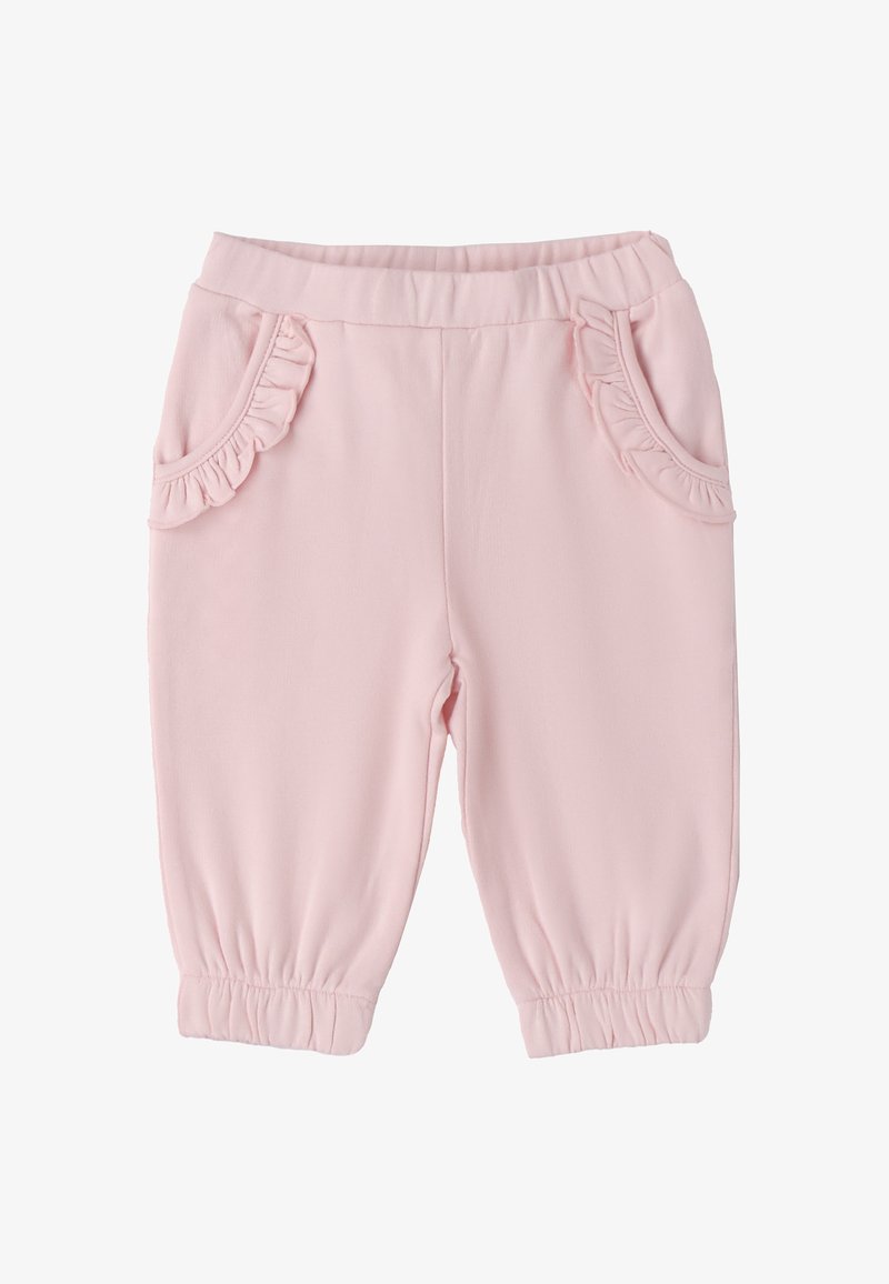 Helle rosa Hose aus weichem Stoff, mit Rüschentaschen an den Seiten, einem elastischen Bund und gerafften Bündchen an den Knöcheln.