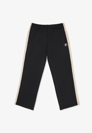 Zwarte sportbroek met beige biezen aan de zijkanten, elastische tailleband, zijzakken en Fila-logo op de rechterdij.