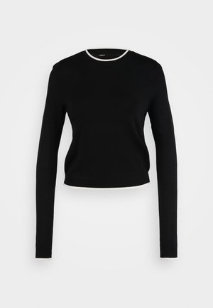 Schwarzes Langarmoberteil mit cropped Design. Verfügt über einen runden Ausschnitt mit einem weißen Rand. Hergestellt aus glattem, leichtem Stoff.