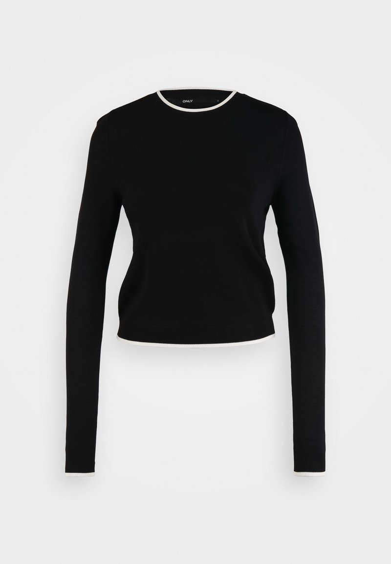 Haut noir à manches longues avec un design crop. Doté d'un col rond avec un bord blanc. Fabriqué en tissu lisse et léger.