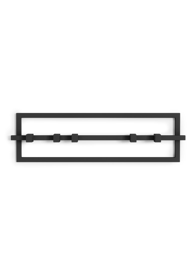 Appendiabiti da muro in metallo nero con una struttura rettangolare, un'asta orizzontale e quattro ganci a forma quadrata per appendere oggetti.