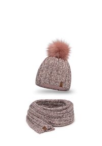Knitted hat and scarf set in a pink and cream color with a fluffy pom-pom on the hat. The scarf features a twisted design. Brown leather label on both.