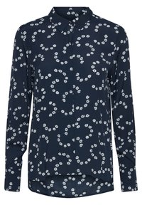 Navy blouse met een bloemmotief, knoopsluiting aan de voorkant, kraag en lange mouwen. Beschikt over een ronde zoom en een lichte, gladde textuur.