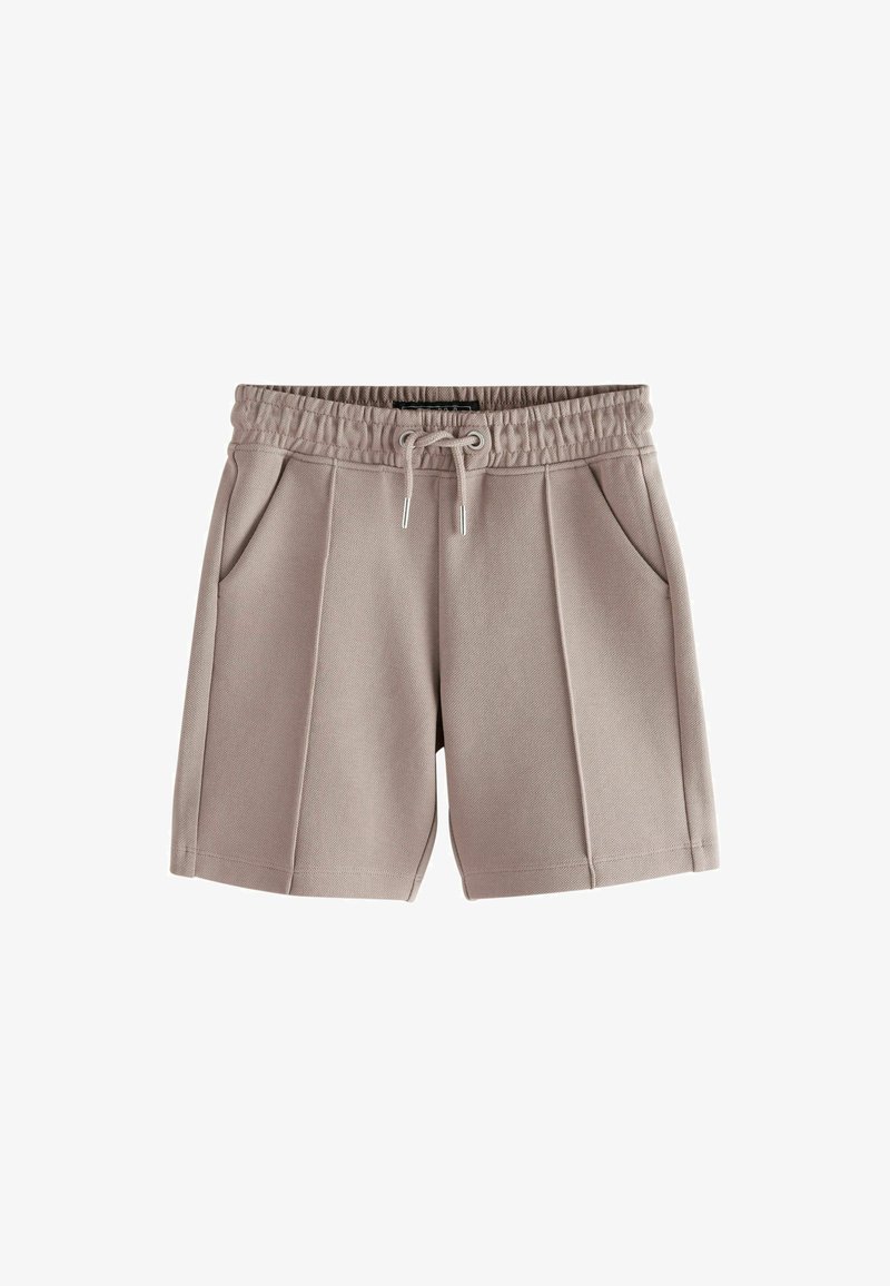 Beige elastic waist shorts with drawstring and side pockets, featuring front pleats and a textured fabric.