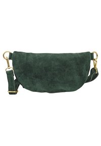 Sac bandoulière en suede vert à forme arrondie, avec des accents matériels dorés et une surface texturée. Bandoulière réglable incluse.
