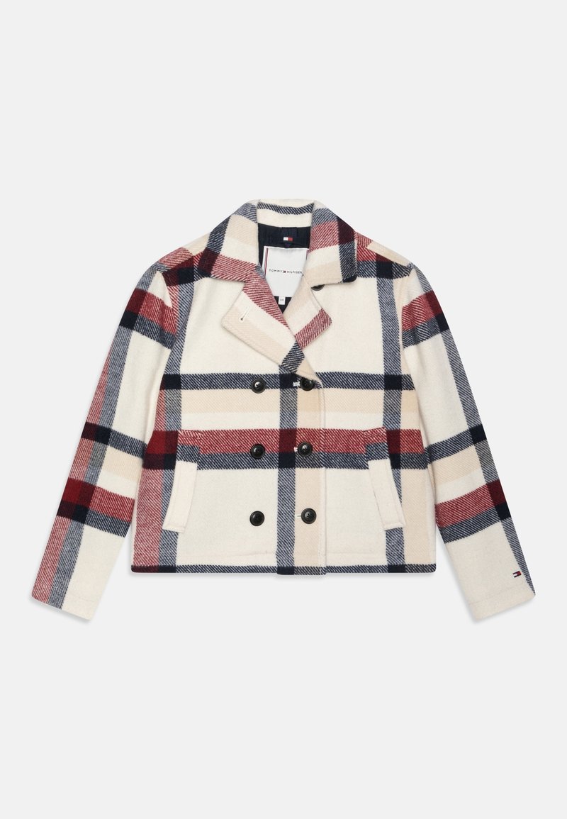 Abrigo de mezcla de lana con diseño de doble botonadura. Los colores incluyen blanco, rojo y azul marino. Presenta dos bolsillos frontales y botones negros.