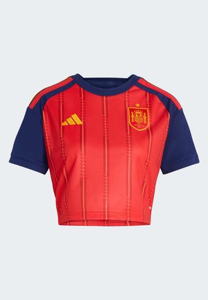 Rood en marineblauw cropped voetbalshirt met verticale strepen, het embleem van het Spaanse nationale team op de rechterborst en een geel Adidas-logo op de linkerborst.