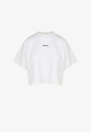 Biały skrócony t-shirt wykonany z bawełny, z krótkimi rękawami i prążkowanym dekoltem w kształcie okrągłym. Na przodzie znajduje się małe czarne logo "MISAGA®".