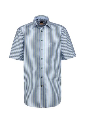 Camicetta a maniche corte con bottoni nelle tonalità blu e verde a righe. Presenta una tasca sul lato sinistro e bottoni a contrasto. Tessuto di cotone con una texture liscia.