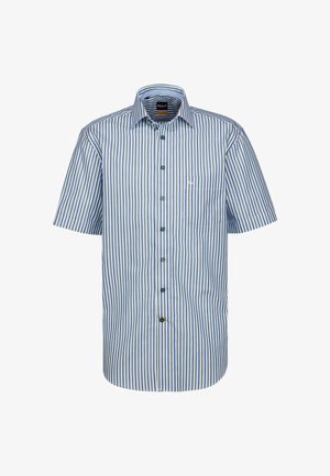 Camicetta a maniche corte con bottoni nelle tonalità blu e verde a righe. Presenta una tasca sul lato sinistro e bottoni a contrasto. Tessuto di cotone con una texture liscia.