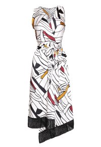 Robe sans manches en tissu blanc présentant un motif géométrique en noir, rouge et jaune, avec une ceinture à la taille et des franges noires à l'ourlet.