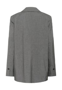 Grijze blazer met een verticale gestreepte print, lange mouwen, geknipte kraag en met knopen sluitende manchetten. Glad textuur met een getailleerde pasvorm.