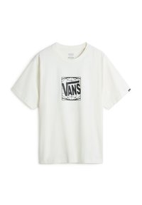 Camiseta de algodón blanca con un logotipo negro de Vans dentro de un gráfico cuadrado. Mangas cortas, cuello redondo. Textura suave, diseño casual.