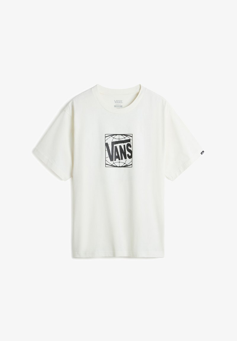 Camiseta de algodón blanca con un logotipo negro de Vans dentro de un gráfico cuadrado. Mangas cortas, cuello redondo. Textura suave, diseño casual.