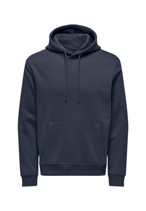 Navy blue hoodie made of soft fabric with a front kangaroo pocket, adjustable drawstrings, and ribbed cuffs and hem.