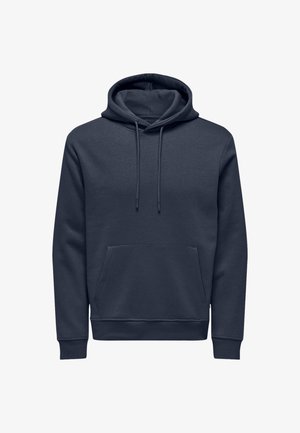 Marineblaues Hoodie aus weichem Material mit einer vorderen Kängurutasche, verstellbaren Kordeln sowie gerippten Bündchen und Saum.
