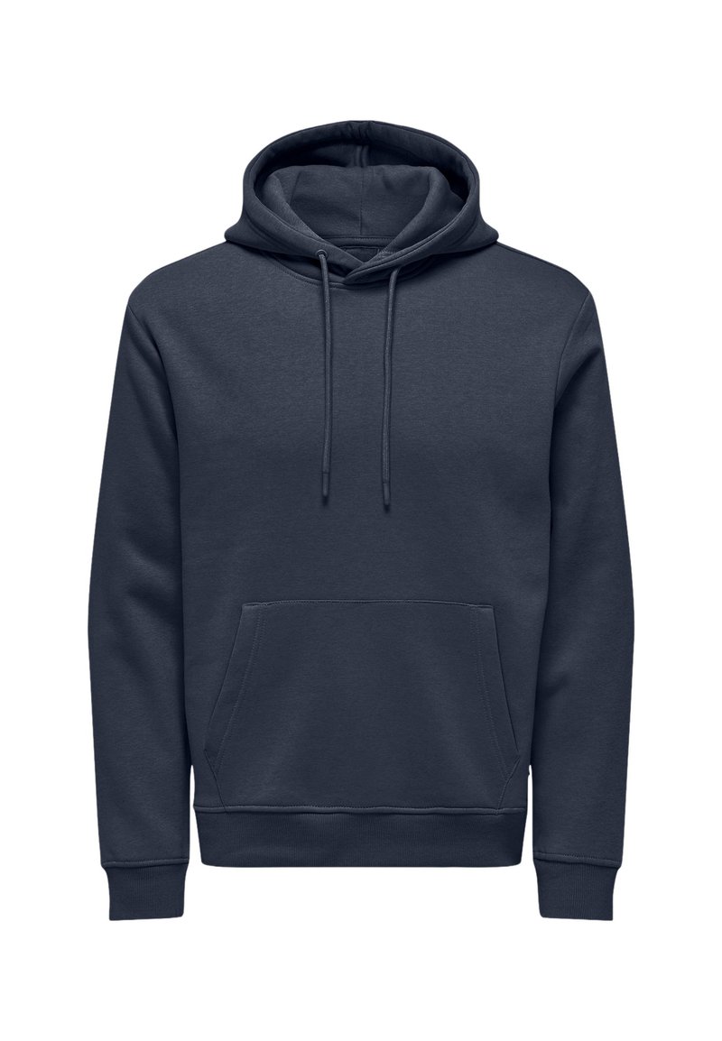 Sudadera azul marino fabricada con una tela suave, con un bolsillo canguro delantero, cordones ajustables y puños y dobladillo acanalados.