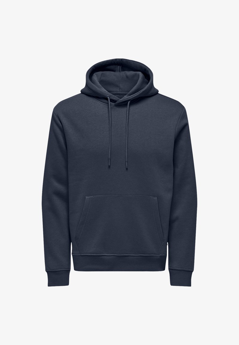 Felpa blu navy realizzata in tessuto morbido, con tasca anteriore a marsupio, coulisse regolabile e polsini e orlo a coste.