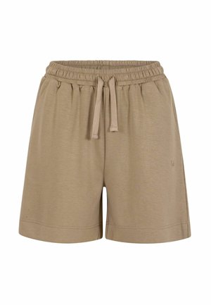 Beżowe szorty z elastyczną talią ze sznurkiem do ściągania, luźnym krojem i prostym przeszyciem przy krawędzi.