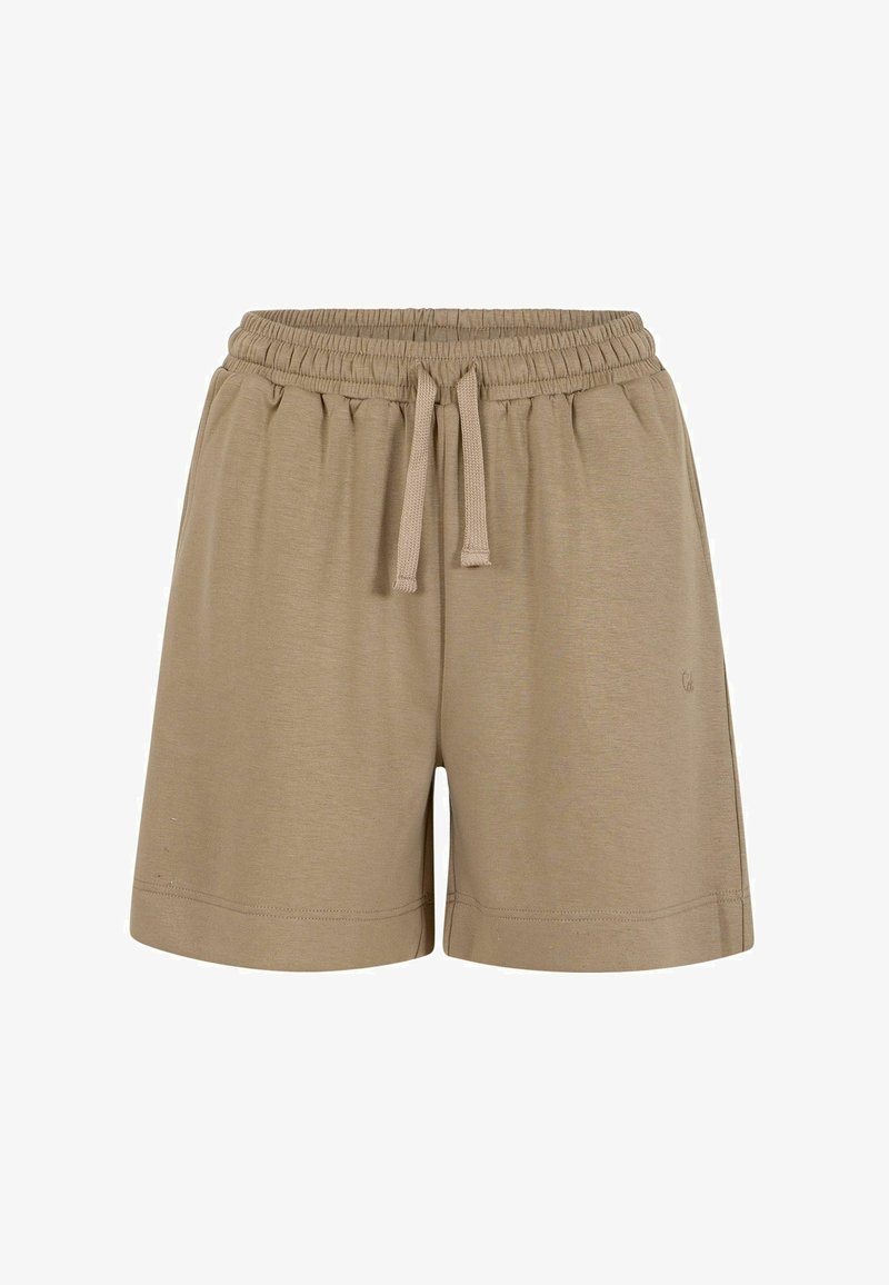 Shorts beige à taille élastique avec cordon de serrage, coupe décontractée et coutures simples le long de l'ourlet.